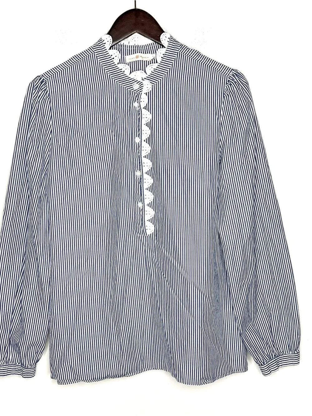 Tory Burch Blue White Stripe Cotton Lace Shirt Size 12
